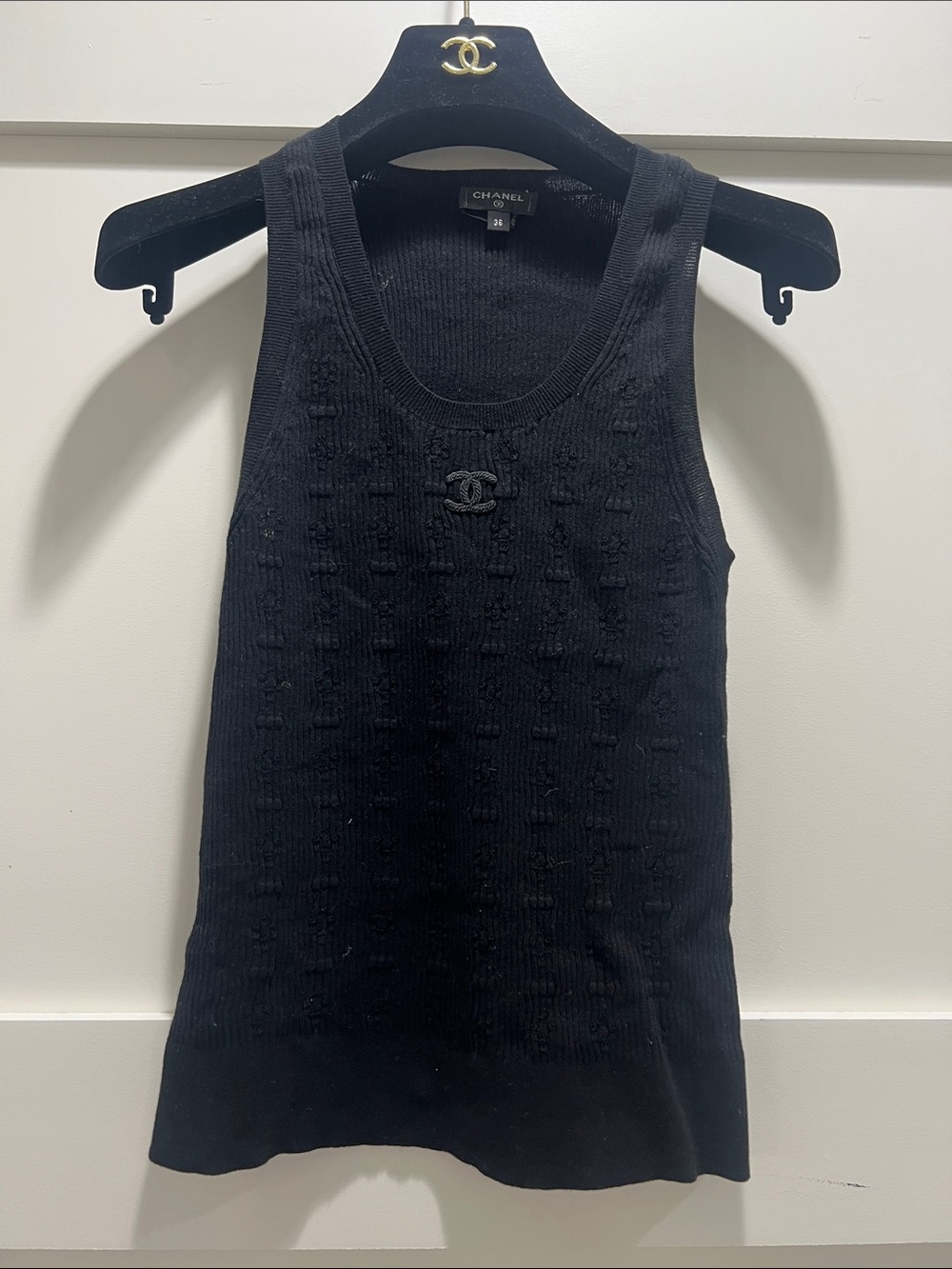 CHANEL Black Ribbed Knit CC Emblem Tank Top